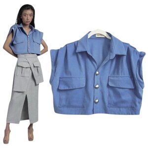 Maryallé Houdini Suede Cotton Crop Top Indigo Blue Button Front XS–M